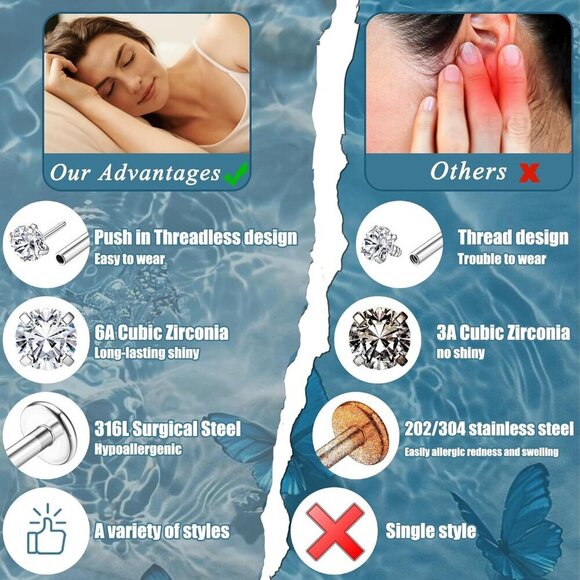 20G Threadless Flat Back Nose Earrings for Women Men Hypoallergenic Steel Jewelr - Picture 5 of 7